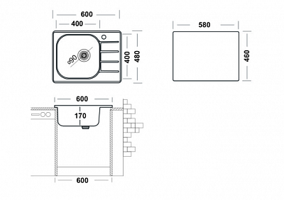 Мойка нерж UKINOX 60х48 (0,6х170) "Гранд" врезная правая матовая с выпуском GRM600.480-GT6K 1R+S701