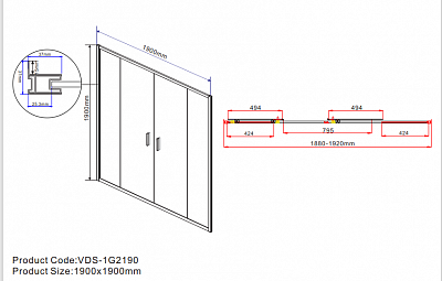 Дверь для душа VINCEA Garda 1,9м раздвижная хром/ шиншилла VDS-1G2190CH