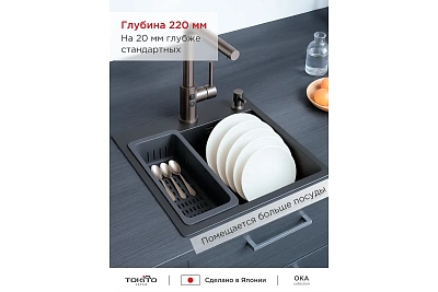 Мойка нерж врезная TOKITO 50х50 (3,0х1.2 220) ГРАФИТ с отверстием (сифон+корзина+дозатор) TOK-OKA-5050-GF