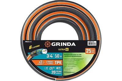 Шланг полив. Grinda ULTRA  6-и слойн., 25атм, двойное армир. PROLine 3/4" - 50 м /бухта (429009-3/4-50)