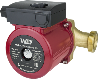 Насос цирк. WRS 25/80-180 B (бронз.) DN25, PN10, Qmax=8м3/ч, Hmax=8м, Tmax=110°С, 220В, 248Вт, 3-скор., с гайками (17109979) Wellmix
